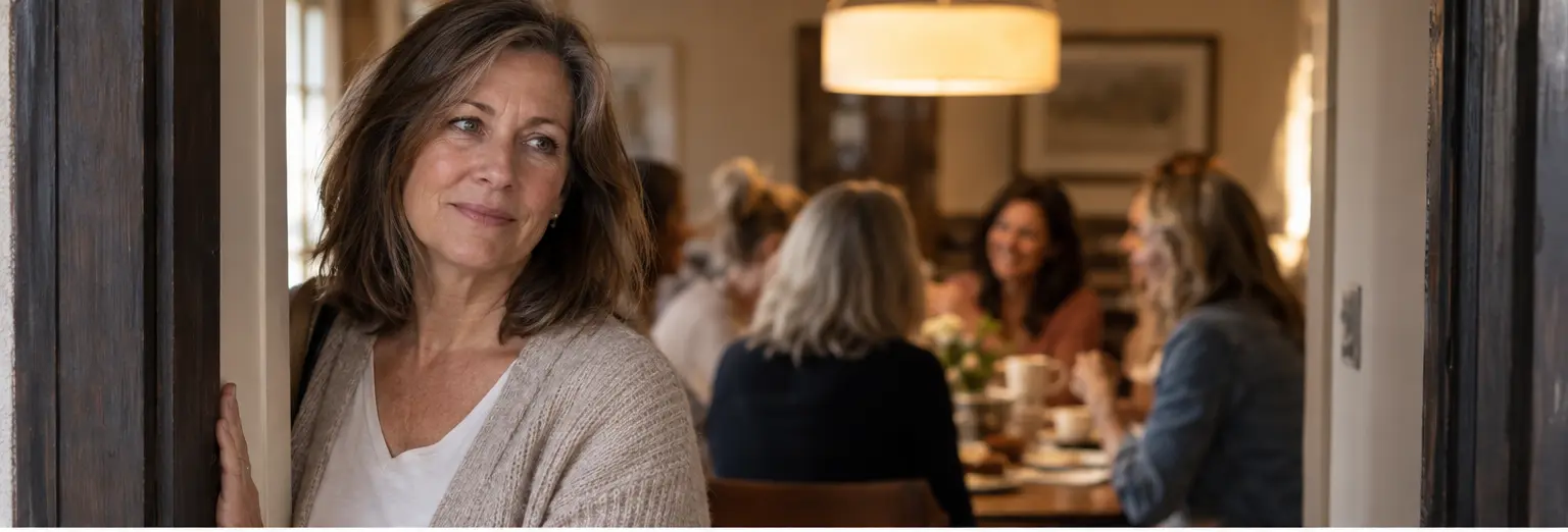 Woman pauses at the entrance to a gathering of longtime female friends, reflecting on how friendships change through life transitions.