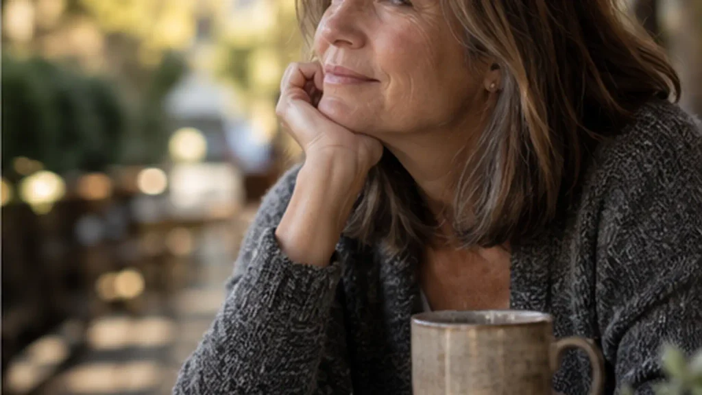Midlife woman sits quietly with a journal and coffee while reflecting on friendship and change.