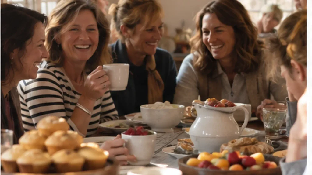 Longtime women friends gather around a table for coffee, breakfast and conversation