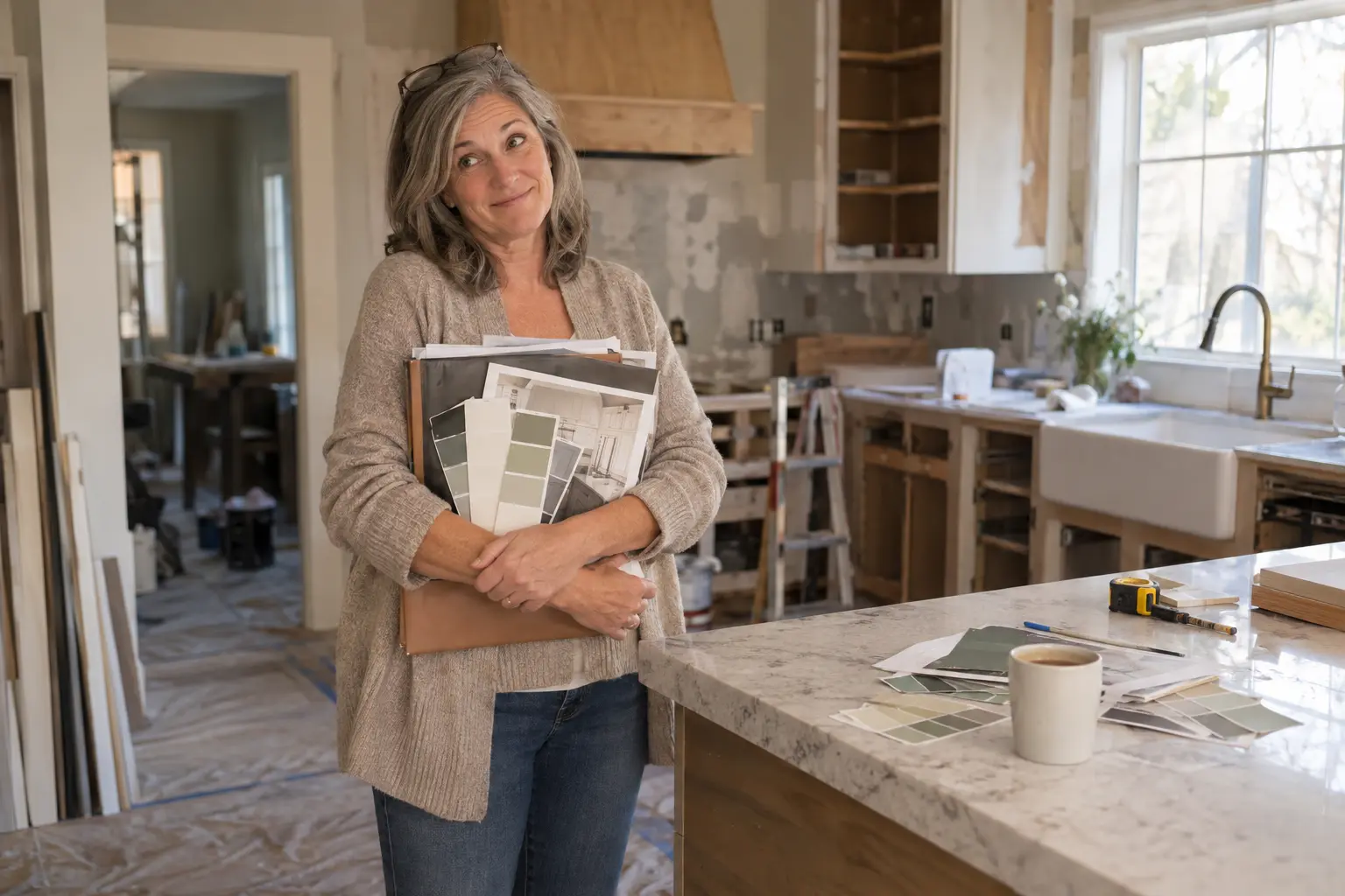A woman in her late 50s holds paint swatches and brochures in a friend's kitchen, illustrating how to break a stuck pattern before it runs away with someone else's decision.
