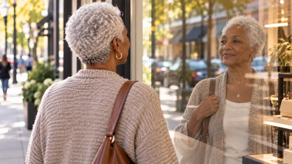 A mature woman  catching her own reflection in a store window with a small smile, still learning something new later in life and still herself.