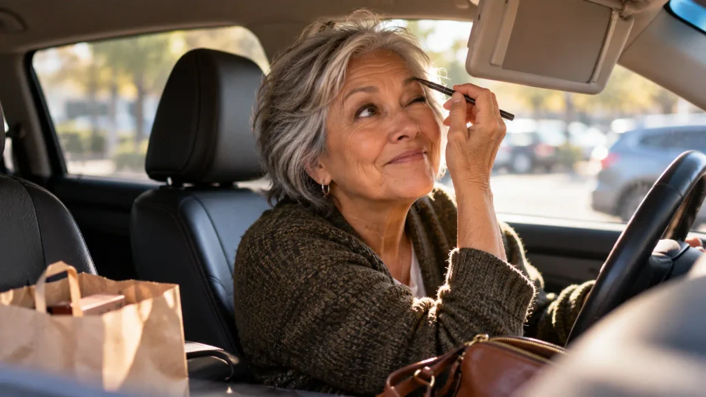 A woman in her 70s in a parked car with the visor mirror down, about to try her new brow pencil for the first time, a beginner again and willing to try.

