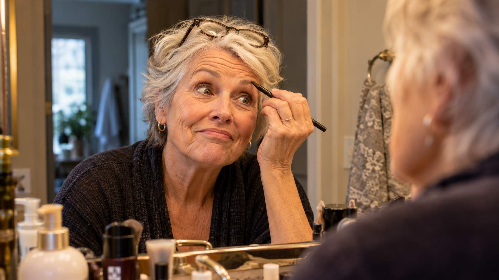 A woman in her 70s leaning toward a mirror with an eyebrow pencil in hand, learning something new later in life one clumsy attempt at a time.