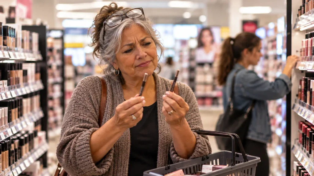 A woman in her 70s in a drugstore makeup aisle comparing two nearly identical brow pencils while a younger shopper reaches past her, the small embarrassment of being a beginner later in life.
