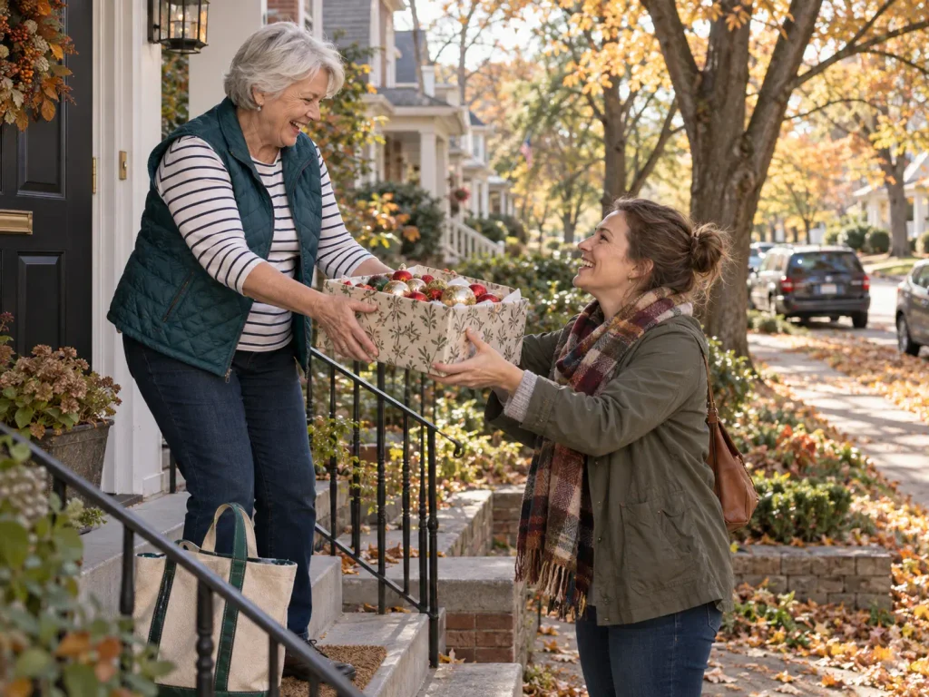 A woman in her early 70s laughing on her front stoop as she hands a box of holiday ornaments to a neighbor, passing along things that were only things and keeping what holds someone she loves.