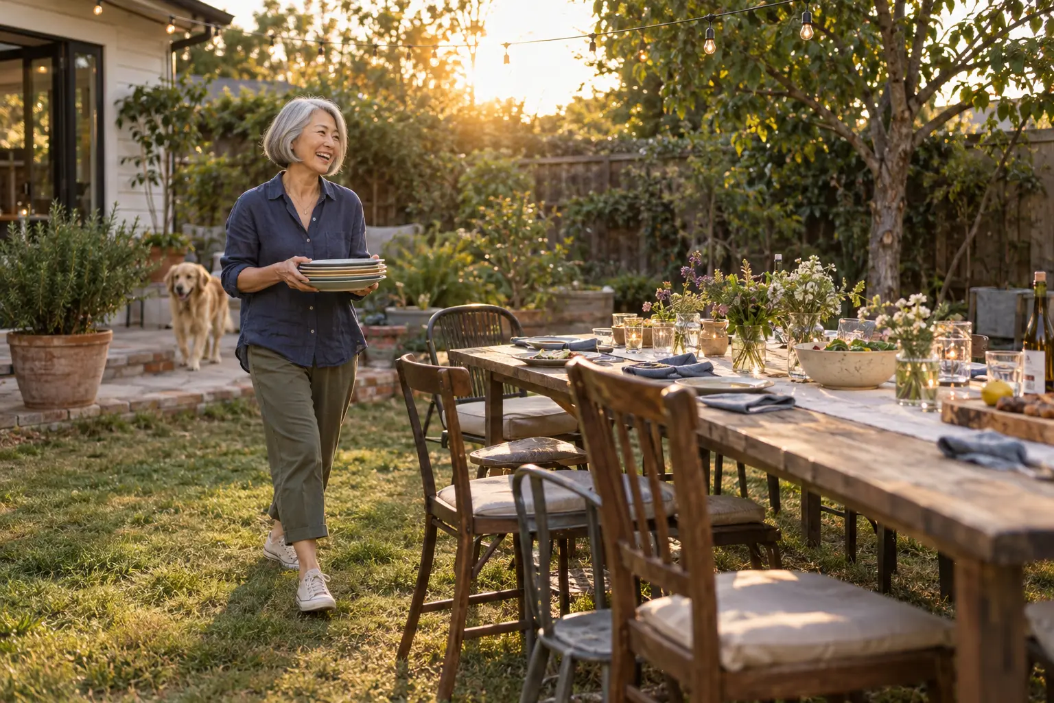 An East Asian woman in her early 60s with a silver bob laughing as she carries plates to a long outdoor table with empty chairs waiting, setting a place for who gets a seat at your table now.