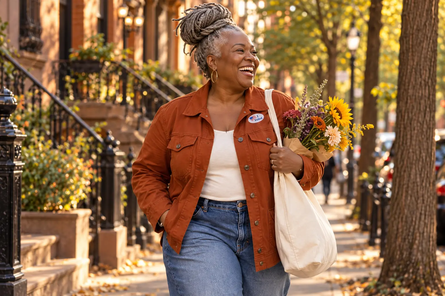 A Black woman in her mid-50s with silver locs, wearing an I Voted sticker, striding down a tree-lined street with her phone tucked away in her tote bag, laughing mid-step, a small picture of easing election stress during a life transition by stepping away from the news.