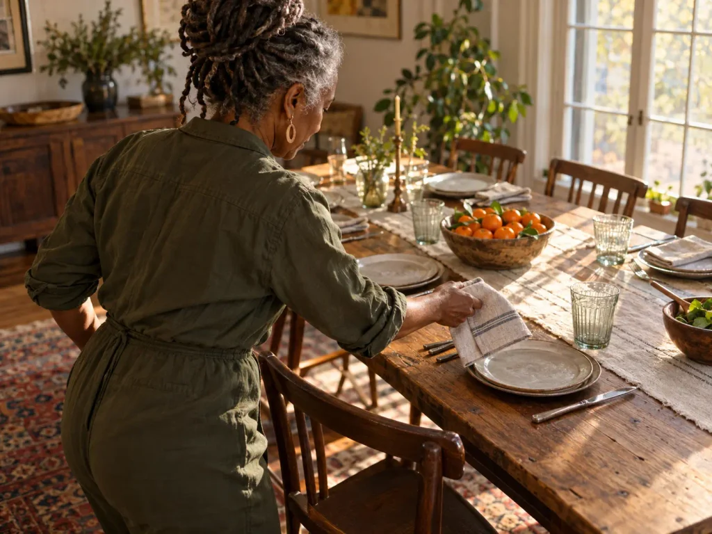 A Black woman in her early 60s with silver-streaked locs pulling out a chair and setting an extra place at her dining table, making room for who she wants to welcome in when a house never filled up the way she hoped.
