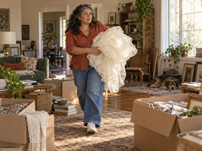 A Latina woman in her mid-50s with graying wavy hair striding across a living room with an armful of cream organza, sorting through a parent's belongings, the moment when it's hard to let go of a loved one's things.