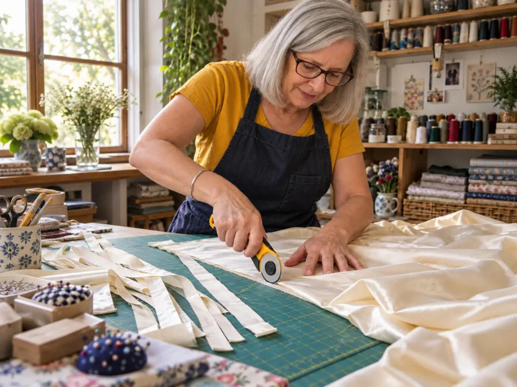 A woman in her late 60s making the first cut through ivory taffeta with a rotary cutter on a craft table, turning a keepsake into something new when it's hard to let go of a loved one's things.