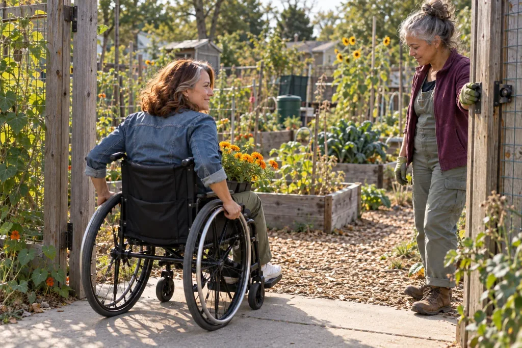 A woman in her mid-50s who uses a wheelchair rolling toward a community garden gate with a tray of marigolds and a neighbor waiting to welcome her, the start of a fuller table.