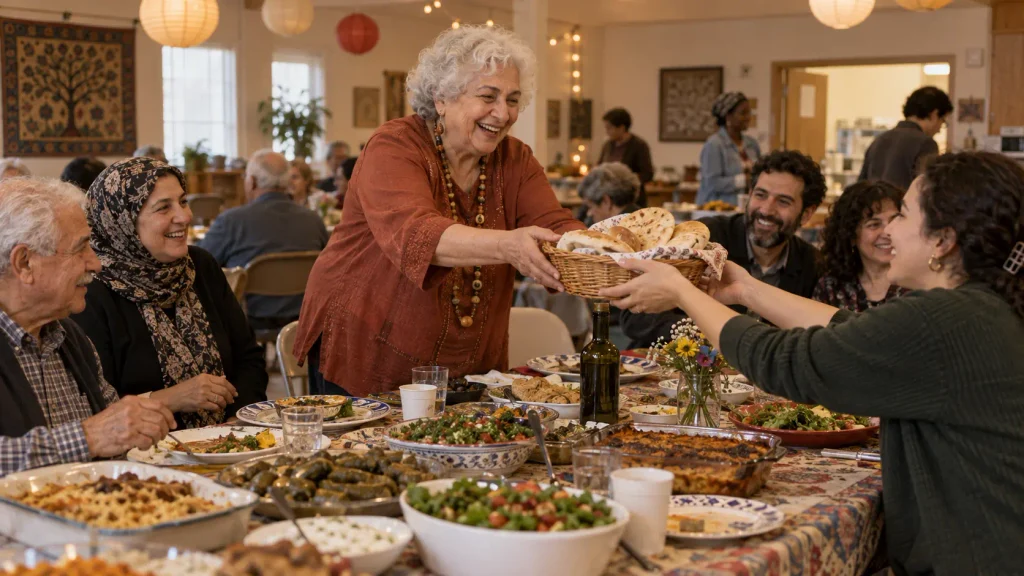 A Middle Eastern woman in her early 70s laughing as she passes a basket of bread across a crowded potluck table, saving a chair for someone new.
