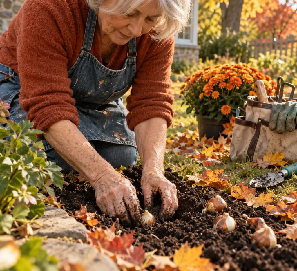 Woman in her seventies planting spring bulbs in an autumn garden, a hopeful way to cope when election stress hits harder in a full season of life