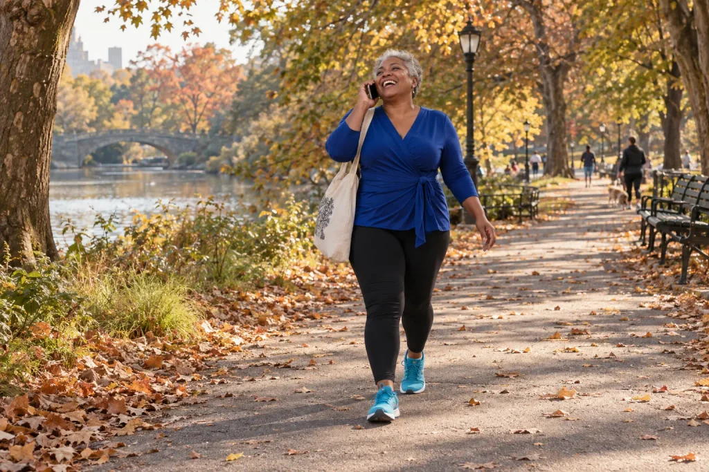 A Black woman in her early 50s laughing on a phone call as she walks a leafy park path, the kind of connection that makes a smaller social circle feel full.