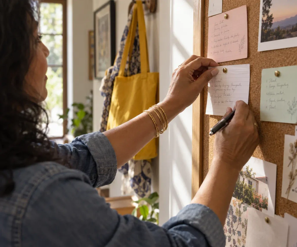 A South Asian woman in her late 40s pinning a handwritten plan to a cork board, writing out a November 4 plan that eases election stress during a life transition.

