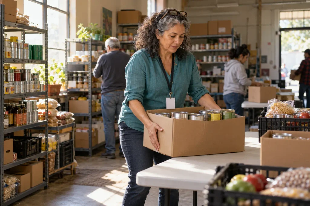 A Latina woman in her early 60s lifting a box of canned goods onto a folding table at a community food pantry, putting her energy into what she can control, a small act of easing election stress during a life transition.